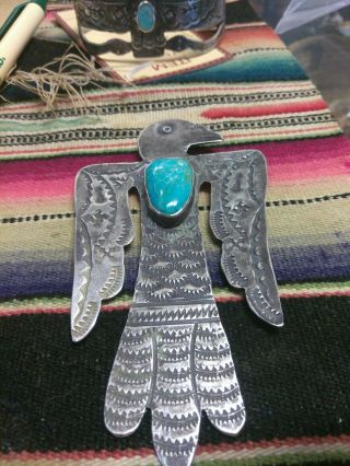 Vintage Old Navajo Sterling Silver Turquoise Thunderbird Pin Rare Fred Harvey