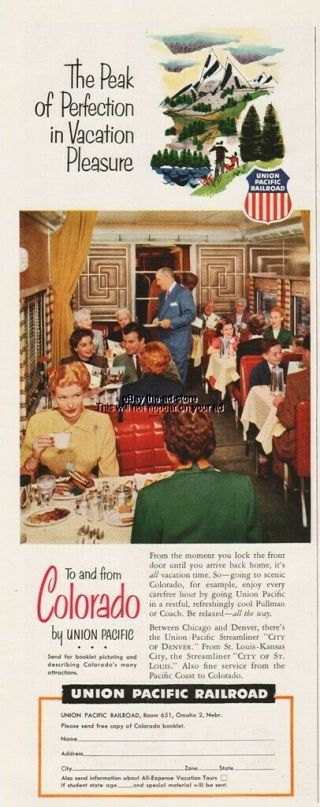 1953 Union Pacific Railroad Colorado Dining Car Streamliner Coach Passengers Ad