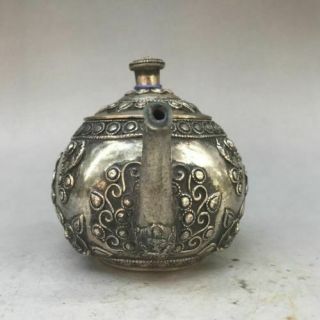 EXQUISITE COLLECT CHINA CARVING FINE PATTERN BLOSSOM TIBET SILVER FLAGON 2