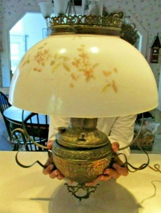 Antique Repousse Miller Hanging Oil Lamp Converted Electric Brown Floral Shade