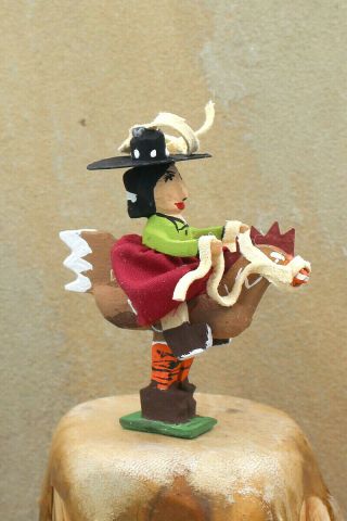 Navajo Folk Art - Cowgirl Riding Rooster Ornament By Delbert Buck - Native American