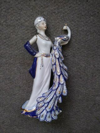Vintage Kpm Porcelain Figurine Woman With Peacock 12 "