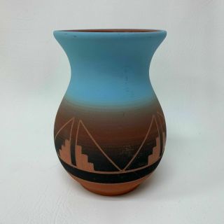 Martin Decory Sioux Pottery Vase Blue Brown Etched 5 3/4 Tall Signed