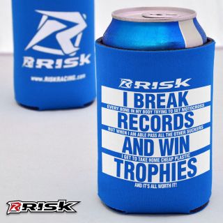 Risk Racing Beer Koozie Cozy Blue Humourous Beer Bottle Can Holder