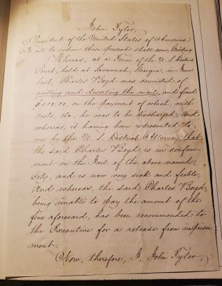 John Tyler And John C Calhoun Signed Pardon Of A Mail Carrier.