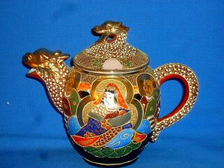 Antique Moriagi Porcelain Tea Pot Dragon Finial & Spout Hand Painted - Gold Trim