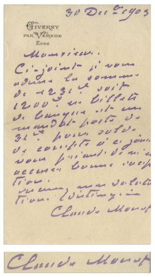 Claude Monet Autograph Letter Signed Re Wine