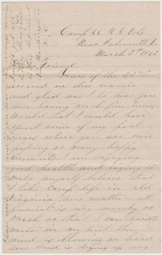 1863 Civil War Soldier Letter Camp Of 66th Ny Near Falmouth Va - Great Content