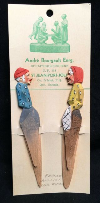 Andre Bourgault Hand Carved Wood Man And Woman Bookmarks Old Stock