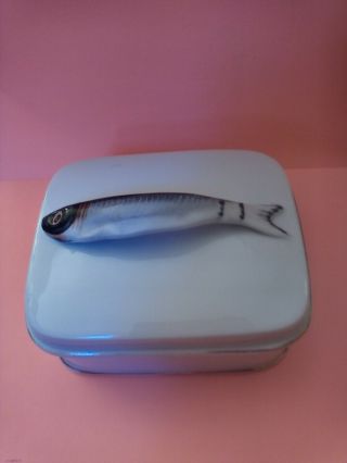 Antique Porcelain Sardine Box Dish Server,  Hand Painted Fish Handle,  Victoria