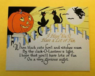 Vtg Halloween Greeting Card Rust Craft Jol Black Cat Witch Pumpkin 1930 