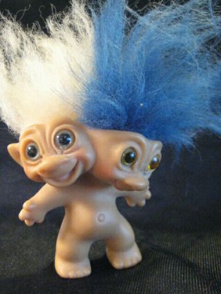 Vintage Two Headed Troll Doll Blue / White Hair Uneeda 1 Has Unmatched Eye Color