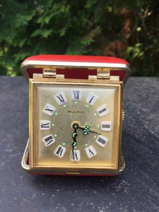 Vintage Bulova Wind Up Travel Alarm Clock Red Clamshell Case Made In Japan - L