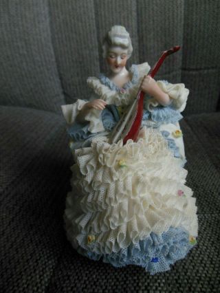 Vintage Dresden Lace Seated Lady With Mandolin Figurine