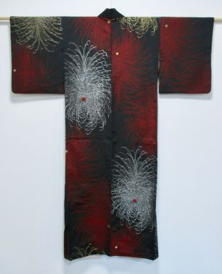 Japanese Silk Antique Kimono / Omeshi / Weave / Black / Gold / Silk Fabric /235