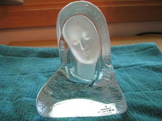 Vintage Viking Clear & Frosted Glass Madonna Mary Paperweight Bust Statue