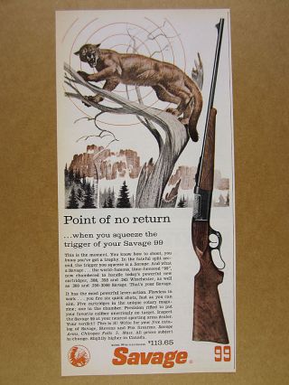 1959 Savage 99 Rifle Mountain Lion Cougar Art Vintage Print Ad