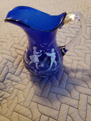 Vintage Mary Gregory Cobalt Blue Handpainted Glass Pitcher 5.  5 " Dutch Boy Girl