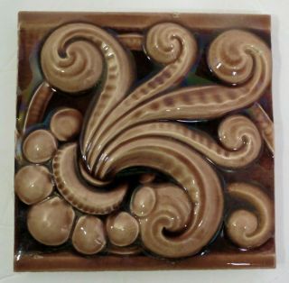 Aetco American Encaustic Tile Co.  6 " High Relief Brown Glazed Swirl Art Tile