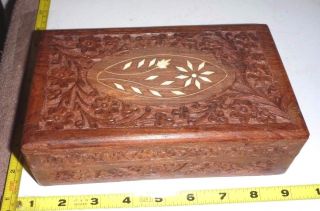 Vtg Hand - Carved Wood Trinket Box W/bone Inlay - Velvet Lining - 8 " X5x2,  India
