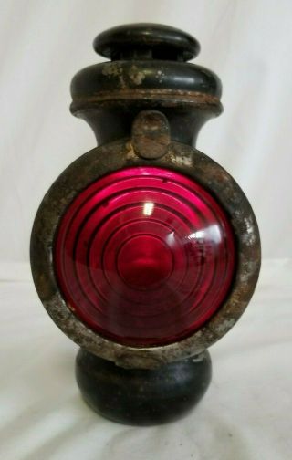 Antique Early 1900s Red Lens Auto Car Buggy Carriage Oil Lamp Lantern,