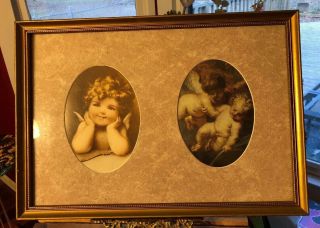 Vintage Cherub Baby Angels Print Dual Print Gold Framed Pink Mat 17.  5”x 12”