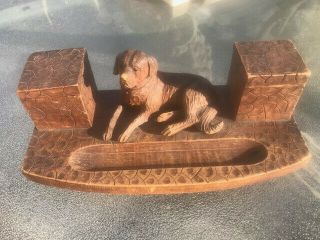Vintage Wood Inkwell Stand With Hand Carved Dog & Pen Rest.