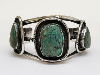 Vintage Large Navajo Sterling Silver 3 Stone Green Turquoise Cuff Bracelet 63 Gr