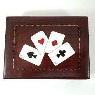 Vtg Wood Inlaid Brass Playing Cards Box Case Holder Two Decks Ace Suits Wooden
