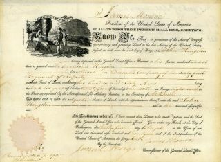 James Monroe 1821 Signed Land Grant.  140 Acres Near Carlisle,  Arkansas.