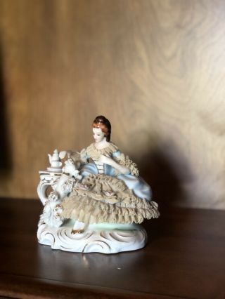 Antique Dresden Lace Figurine - Woman With Poodle