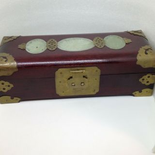 Vintage Carved Jade Inlay Oriental Music Jewelry Box Wood Etched Brass Shanghai