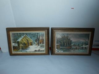 2 Vtg 1980s Currier & Ives Wooden Wall Hangings Plaques Getting Ice/farmers Home