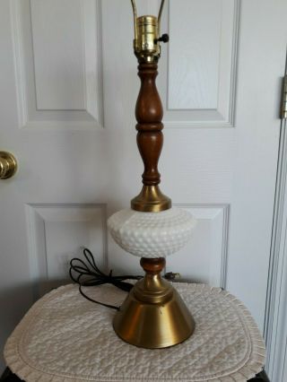Vintage Mid Century Hobnail Milk Glass Table Lamp Brushed Gold Base