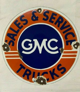 Vintage Porcelain Gmc Sales & Service Trucks 11 3/4” Enamel Sign.