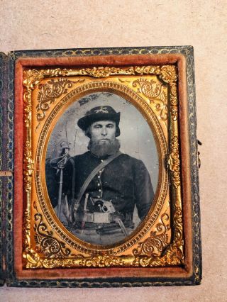 Civil War Ninth Plate Tintype Triple Armed Cavalry Soldier Wearing A Hardee Hat
