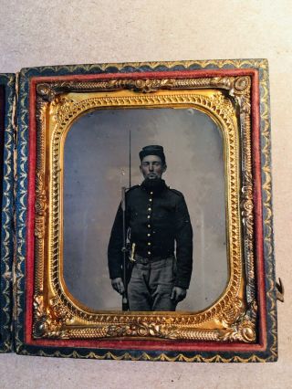 A Double Armed Civil War Sixth Plate Infantry Private Soldier At Attention Sharp