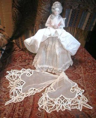 1920s Antique Porcelain Boudoir Half Doll Lamp Shade W Lace Marie Antoinette