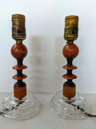 Set of 2 Mid - Century Modern Wood & Glass Table Lamp Vintage 2