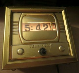 Vintage Tele - Vision Clock Corp.  Television Shaped Flip Clock Gold Color Tv