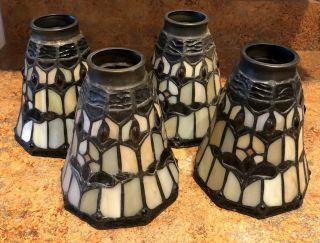 Set Of 4 Tiffany Style Stained Glass Fan Light Lamp Shades Oil Rubbed Bronze
