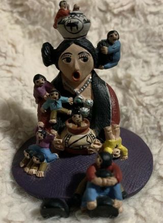 Mom And Her Babies Mexican Folk Art Nativity Miniature Sculpture.