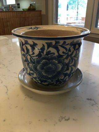 Vintage Ceramic Chinese Export Blue And White Planter Pot Jardinier