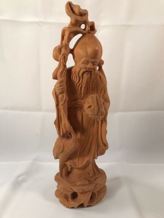Vintage Chinese Asian Hand Carved Wood Man With Stick 11.  75 " H Figurine Statue