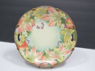Antique Pt Bavaria Autumn Leaves Hand Painted Handled Cake Plate 9 3/8 "