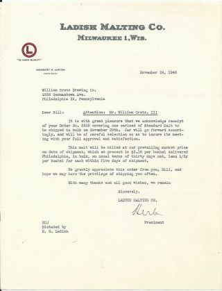1948 Ladish Malting Co.  Letter To The William Gretz Brewing Co.  - Milwaukee,  Wi