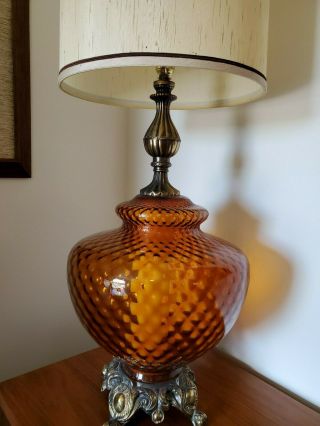Vtg Mid Century Modern Xl Amber Optic Glass Saucer Table Lamp Atomic 35.  5 "