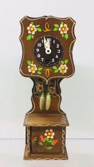 Vintage Wooden Mini Grandfather Clock W/ Key 7.  5” Floral - Dollhouse