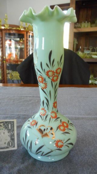 Antique Bristol Green Opaque Glass Hand Painted Floral Pattern Vase
