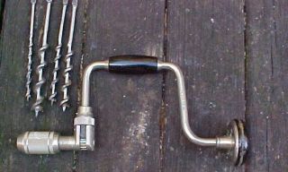 Vintage Stanley 945 - 10 " Ratcheting Brace & Bit Hand Drill Plus 5 Irwin Bits Usa